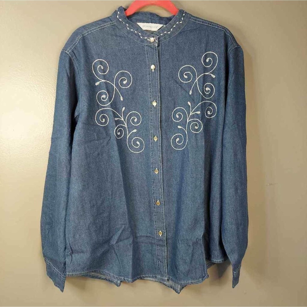 Vintage Stonybrook Womens Button Front Shirt Blue Embroidered Cotton L